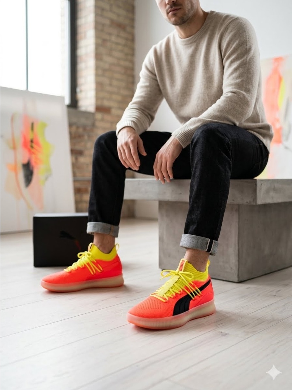 PUMA Sneakers Clyde Court Disrupt Red Blast Neon Yellow Basketball men’s sz 11.5
